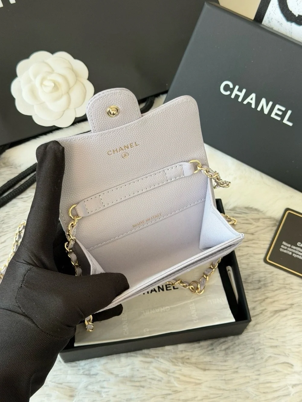 CHANEL Quilted Lambskin Mini Crossbody Wallet in Pale Lavender